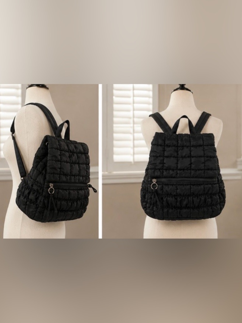 Quilted Drawstring Backpack - Black - Picture 2 of 7
